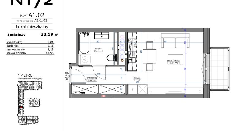 Rzut - Mieszkanie na sprzedaż 1 pokój o powierzchni 30,19 m² - numer A1.02 w Naramowicka 172