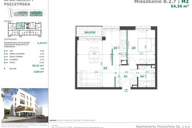 Rzut - Mieszkanie na sprzedaż 2 pokoje o powierzchni 54,36 m² - numer B.2.7 w Apartamenty Pszczyńska