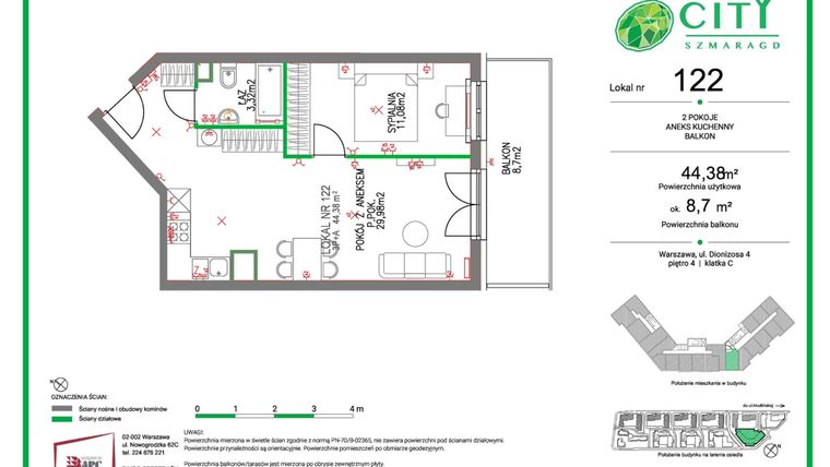 Rzut - Mieszkanie na sprzedaż 2 pokoje o powierzchni 44,38 m² - numer 122 w Comfort City Szmaragd