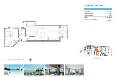 Rzut - Mieszkanie na sprzedaż 2 pokoje o powierzchni 77,4 m² - numer E w Apartamenty w Guardamar del Segura - 17229558