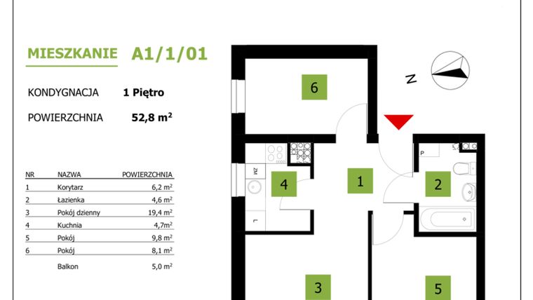 Rzut - Mieszkanie na sprzedaż 3 pokoje o powierzchni 52,8 m² - numer A1/1/01 w Tymiankowa