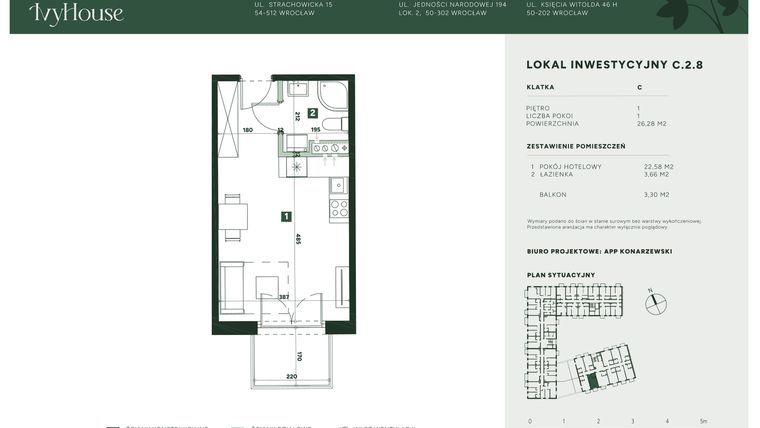 Rzut - Mieszkanie na sprzedaż 1 pokój o powierzchni 26,28 m² - numer C.2.8 w IVY HOUSE - Apartamenty inwestycyjne