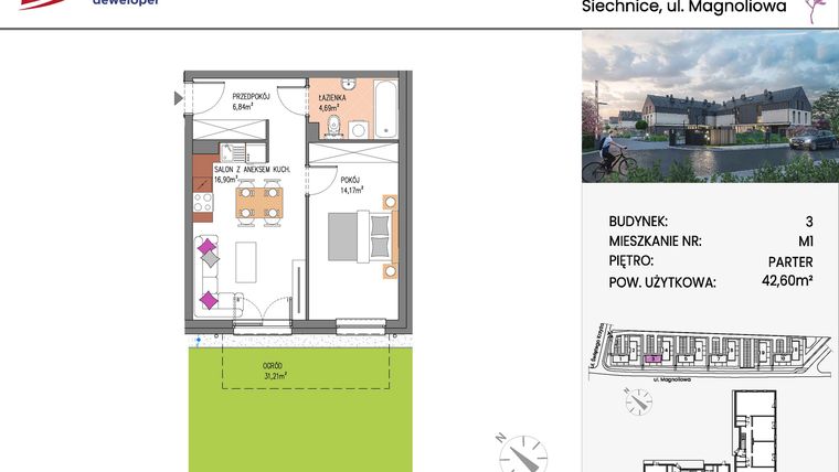 Rzut - Mieszkanie na sprzedaż 2 pokoje o powierzchni 42,6 m² - numer Bud.3-1 w Willa Magnolia
