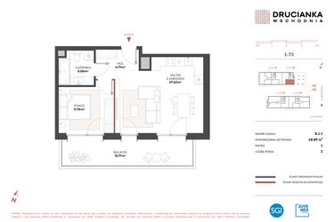 Rzut - Mieszkanie na sprzedaż 2 pokoje o powierzchni 48,89 m² - numer B.1.1 w Drucianka Wschodnia