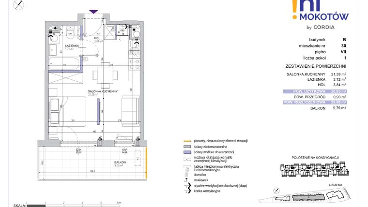 Rzut - Mieszkanie na sprzedaż 1 pokój o powierzchni 29,88 m² - numer A1.B.30 w Hi Mokotów