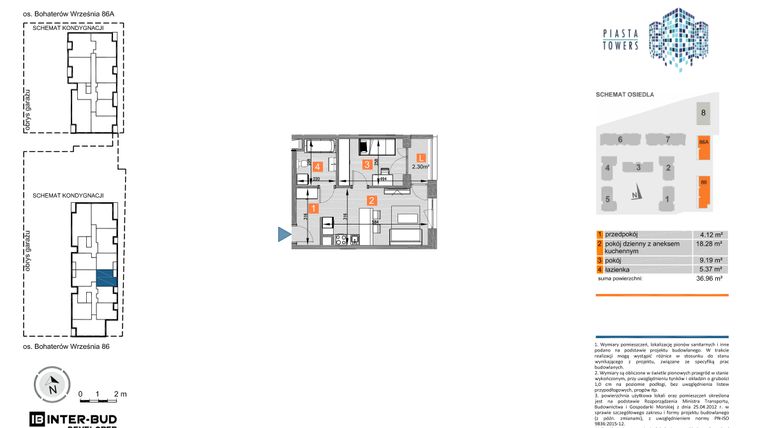 Rzut - Mieszkanie na sprzedaż 2 pokoje o powierzchni 36,96 m² - numer 86.20 w Piasta Towers bud. 86 i 86A