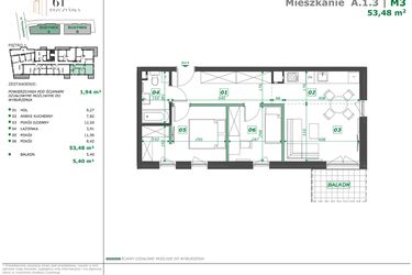 Rzut - Mieszkanie na sprzedaż 3 pokoje o powierzchni 55,19 m² - numer A.1.3 w Apartamenty Pszczyńska