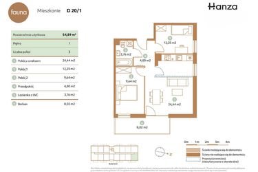 Rzut - Mieszkanie na sprzedaż 3 pokoje o powierzchni 54,89 m² - numer D20-1 w Fauna
