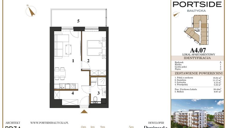 Rzut - Mieszkanie na sprzedaż 2 pokoje o powierzchni 39,48 m² - numer A4.07 w Portside Bałtycka