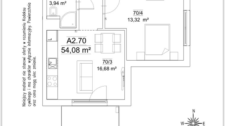 Rzut - Mieszkanie na sprzedaż 3 pokoje o powierzchni 54,08 m² - numer 5B/70 w FORTnatura etap II