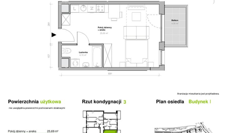 Rzut - Mieszkanie na sprzedaż 1 pokój o powierzchni 29,79 m² - numer I.3.M13 w Przemyska Vita