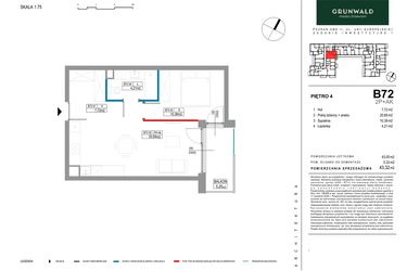 Rzut - Mieszkanie na sprzedaż 2 pokoje o powierzchni 43,32 m² - numer B072 w Grunwald Między Drzewami etap II