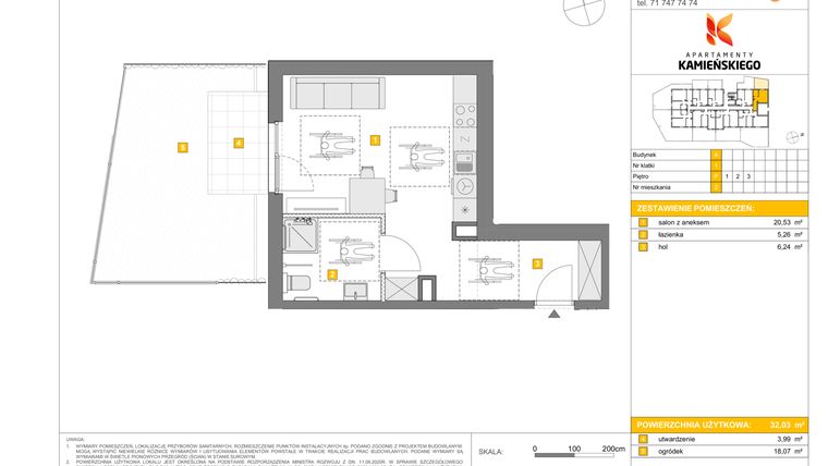 Rzut - Mieszkanie na sprzedaż 1 pokój o powierzchni 32,03 m² - numer A2 w Apartamenty Kamieńskiego