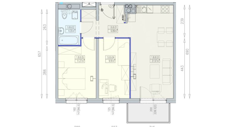 Rzut - Mieszkanie na sprzedaż 3 pokoje o powierzchni 54,24 m² - numer K1 1/8/8/3a w Południk 17 - budynek K1