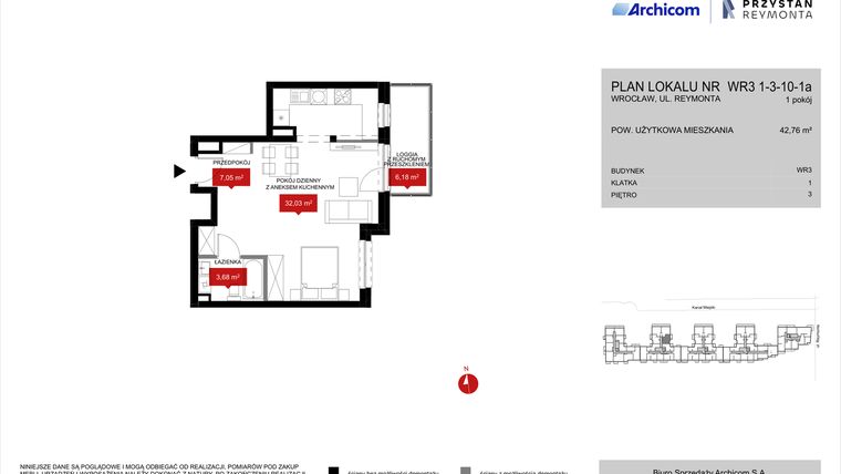 Rzut - Mieszkanie na sprzedaż 1 pokój o powierzchni 42,76 m² - numer WR3 1/3/10/1a w Przystań Reymonta etap II