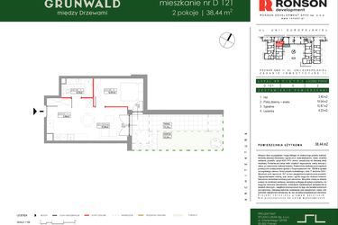 Rzut - Mieszkanie na sprzedaż 2 pokoje o powierzchni 38,44 m² - numer D121 w Grunwald Między Drzewami etap III