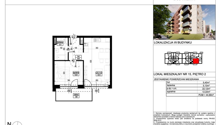 Rzut - Mieszkanie na sprzedaż 2 pokoje o powierzchni 44,89 m² - numer A.15 w Wólczańska 248 - etap II