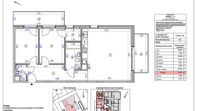 Rzut - Mieszkanie na sprzedaż 3 pokoje o powierzchni 73,46 m² - numer B6 w Vilanovia Park