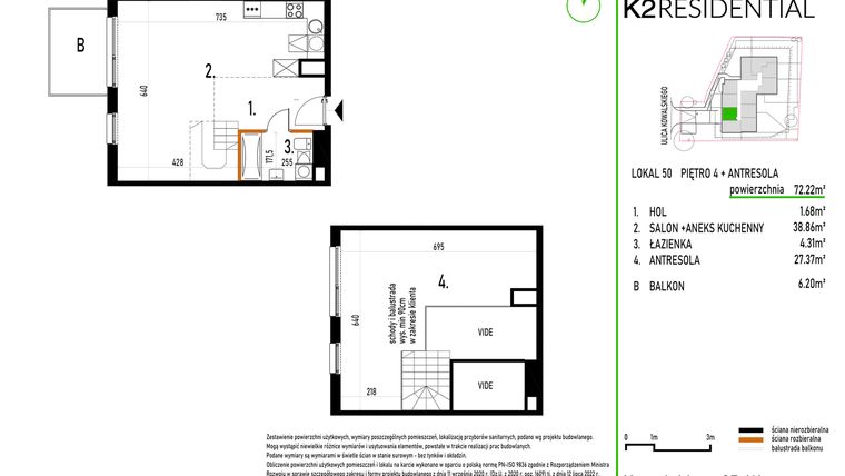 Rzut - Mieszkanie na sprzedaż 1 pokój o powierzchni 72,22 m² - numer 50 w Kowalskiego 37