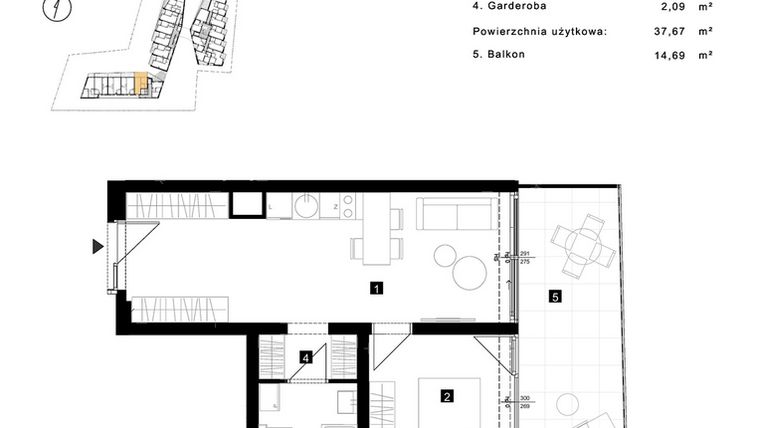Rzut - Mieszkanie na sprzedaż 2 pokoje o powierzchni 37,67 m² - numer A.1.13 w Cisha Apartamenty Dziwnów