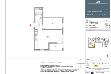 Rzut - Mieszkanie na sprzedaż 2 pokoje o powierzchni 44,29 m² - numer 3 w Morwowa 3 - Apartamenty Inwestycyjne