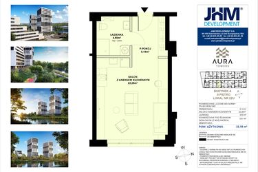 Rzut - Mieszkanie na sprzedaż 1 pokój o powierzchni 33,18 m² - numer A.2.22U w Aura Towers