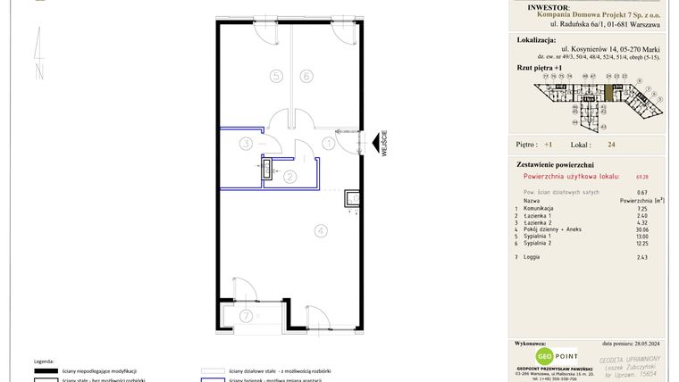 Rzut - Mieszkanie na sprzedaż 3 pokoje o powierzchni 69,28 m² - numer 24 w Markowy Targówek