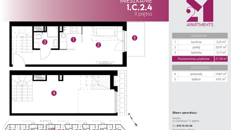 Rzut - Mieszkanie na sprzedaż 2 pokoje o powierzchni 47,26 m² - numer 1.C.2.4 w Maślice Wrocław Milo Dobry Deweloper etap IV