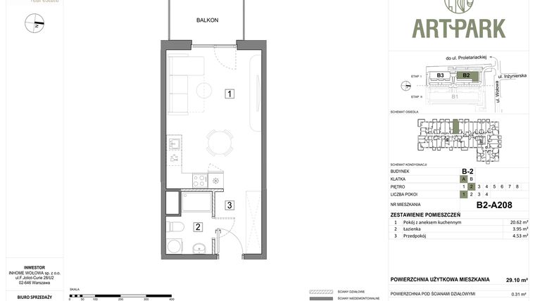 Rzut - Mieszkanie na sprzedaż 1 pokój o powierzchni 29,41 m² - numer B.2.A208 w ArtPark