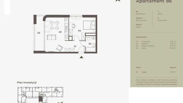 Rzut - Mieszkanie na sprzedaż 2 pokoje o powierzchni 43,31 m² - numer 86 w Monument