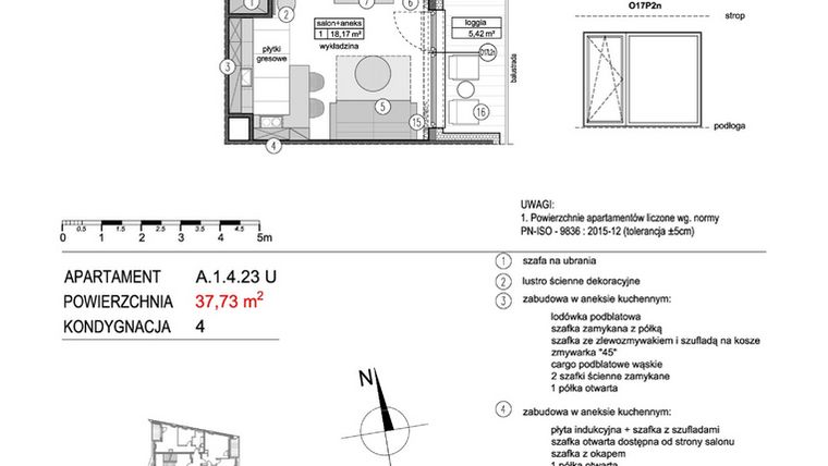 Rzut - Mieszkanie na sprzedaż 2 pokoje o powierzchni 37,72 m² - numer A.1.4.23U w Mikołajki Apartamenty