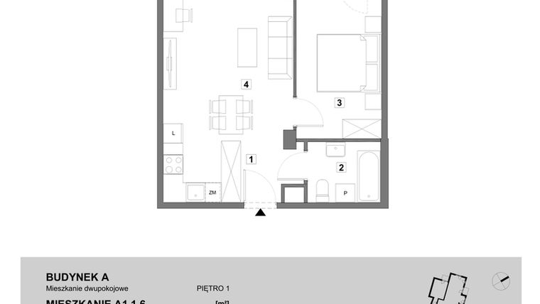 Rzut - Mieszkanie na sprzedaż 2 pokoje o powierzchni 46,98 m² - numer A1.1.6 w ATAL Grabiszyn