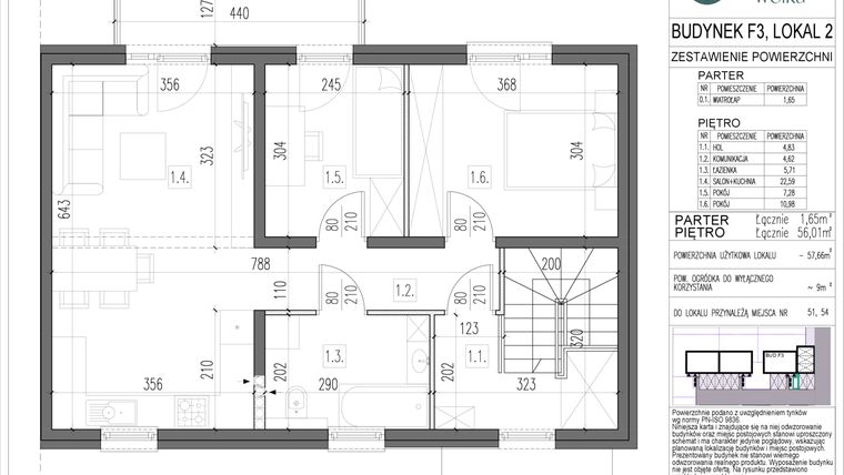 Rzut - Mieszkanie na sprzedaż 3 pokoje o powierzchni 57,66 m² - numer F3.2 w Spokojna Wólka etap V