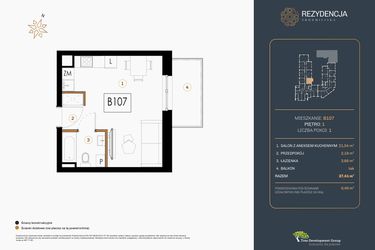 Rzut - Mieszkanie na sprzedaż 1 pokój o powierzchni 27,41 m² - numer B.107 w Rezydencja Śródmiejska