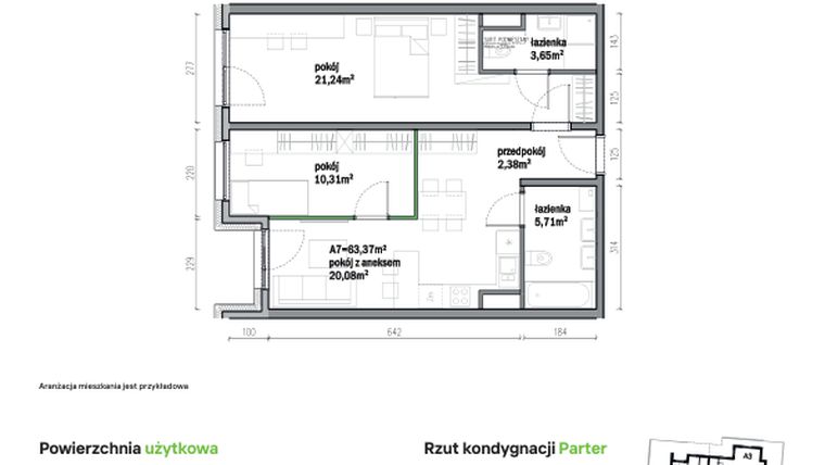 Rzut - Mieszkanie na sprzedaż 3 pokoje o powierzchni 63,37 m² - numer A07 w Traugutta Vita