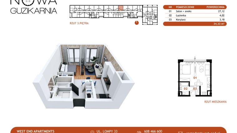 Rzut - Mieszkanie na sprzedaż 1 pokój o powierzchni 34,33 m² - numer B1.3.82 w Nowa Guzikarnia