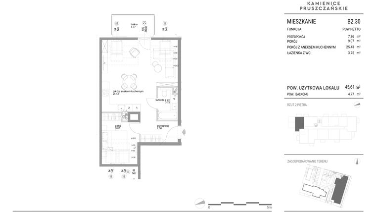 Rzut - Mieszkanie na sprzedaż 2 pokoje o powierzchni 45,61 m² - numer B2.30 w Kamienice Pruszczańskie