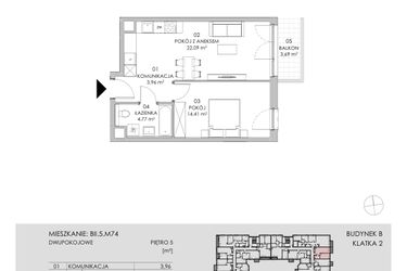 Rzut - Mieszkanie na sprzedaż 2 pokoje o powierzchni 45,23 m² - numer BII.5.M74 w Przewóz 42 ATAL II