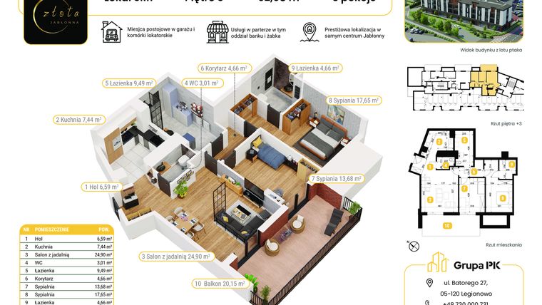 Rzut - Mieszkanie na sprzedaż 3 pokoje o powierzchni 92,08 m² - numer 3M01 w Złota Jabłonna