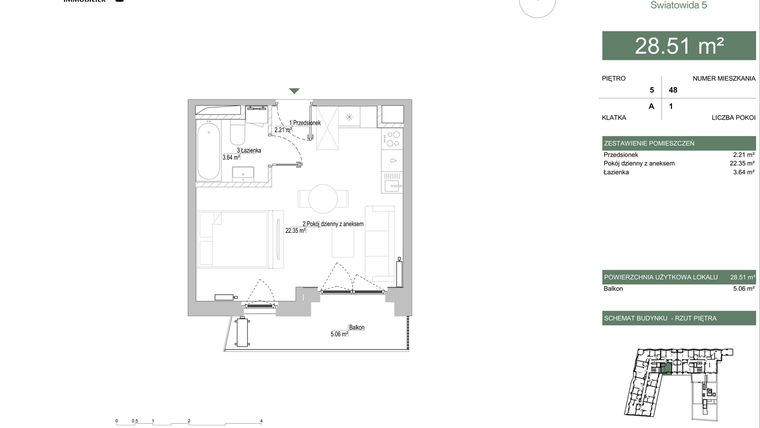 Rzut - Mieszkanie na sprzedaż 1 pokój o powierzchni 28,51 m² - numer A.05.09 w IKONA Światowida 5