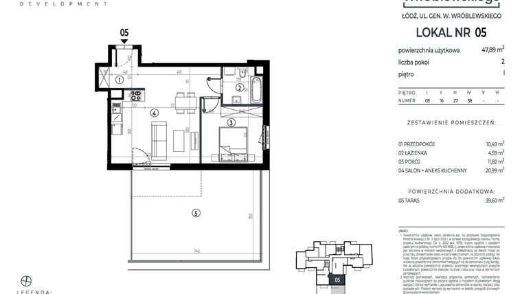 Rzut - Mieszkanie na sprzedaż 2 pokoje o powierzchni 47,89 m² - numer A05 w Wróblewskiego