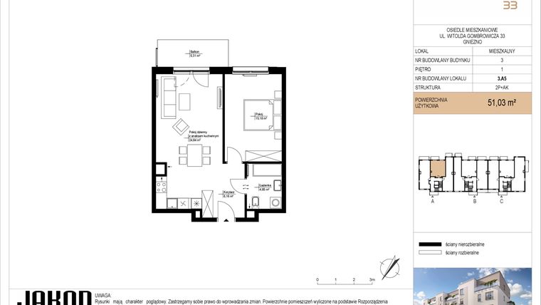 Rzut - Mieszkanie na sprzedaż 2 pokoje o powierzchni 51,03 m² - numer 3.A5 w Gombrowicza 33 - etap II