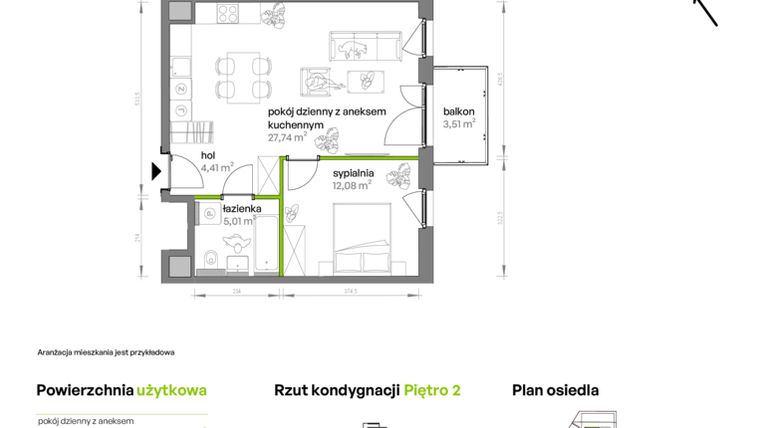 Rzut - Mieszkanie na sprzedaż 2 pokoje o powierzchni 49,24 m² - numer AA0202 w Ptasia Vita