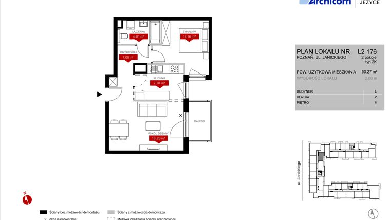 Rzut - Mieszkanie na sprzedaż 2 pokoje o powierzchni 50,27 m² - numer L2.176 w Wieża Jeżyce etap VI