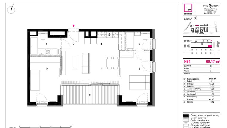 Rzut - Mieszkanie na sprzedaż 3 pokoje o powierzchni 66,17 m² - numer H81 w 19. Dzielnica Etap V