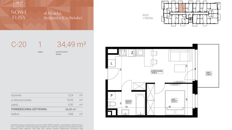 Rzut - Mieszkanie na sprzedaż 2 pokoje o powierzchni 34,49 m² - numer M20_NF.c w Nowe Flisy II