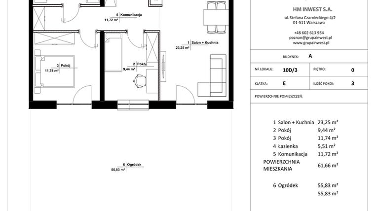 Rzut - Mieszkanie na sprzedaż 3 pokoje o powierzchni 61,66 m² - numer 10D/3 w Jasielska 8C etap II