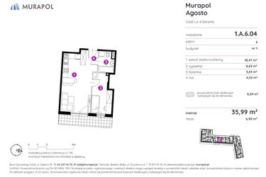 Rzut - Mieszkanie na sprzedaż 2 pokoje o powierzchni 35,87 m² - numer 1.A.6.04 w Murapol Agosto