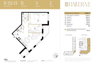 Rzut - Mieszkanie na sprzedaż 3 pokoje o powierzchni 72,69 m² - numer B.02.13 w Hallera 140