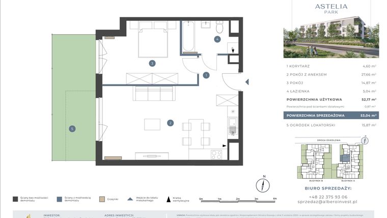 Rzut - Mieszkanie na sprzedaż 2 pokoje o powierzchni 52,17 m² - numer 3.1A.01 w Astelia Park etap 1A i 3